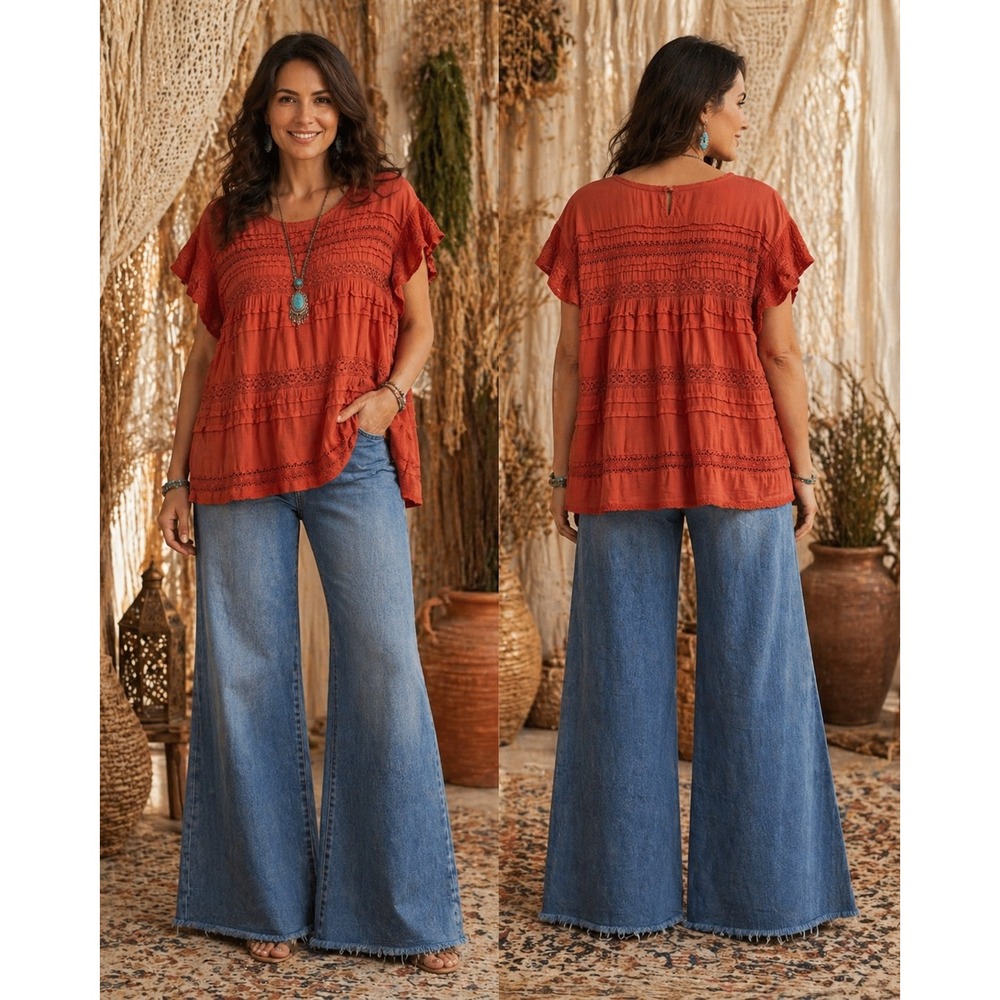 Sundance Women's Boho Cottagecore Peasant Ruffle Lace Orange Tiered Top Medium